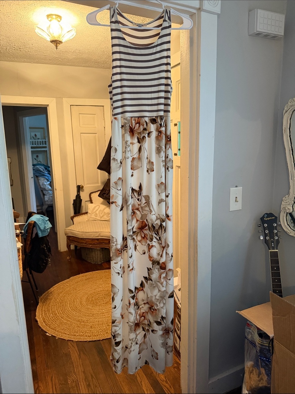 Magnolia Striped Tank Floral lined Maxi Dress with pockets sz S
